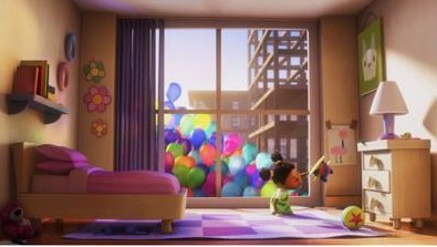 If you look at the bottom left hand corner, you will see Lotso, from Disney Pixar's Toy Story 3, sitting next to this little girl's bedroom in Disney Pixar's Up.