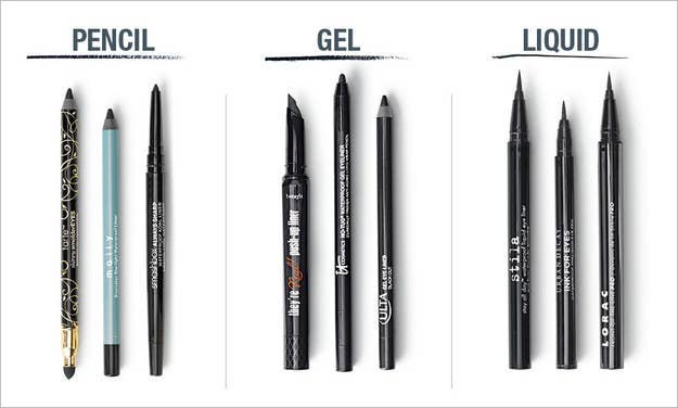 examples of pencil, gel, and liquid eyeliner