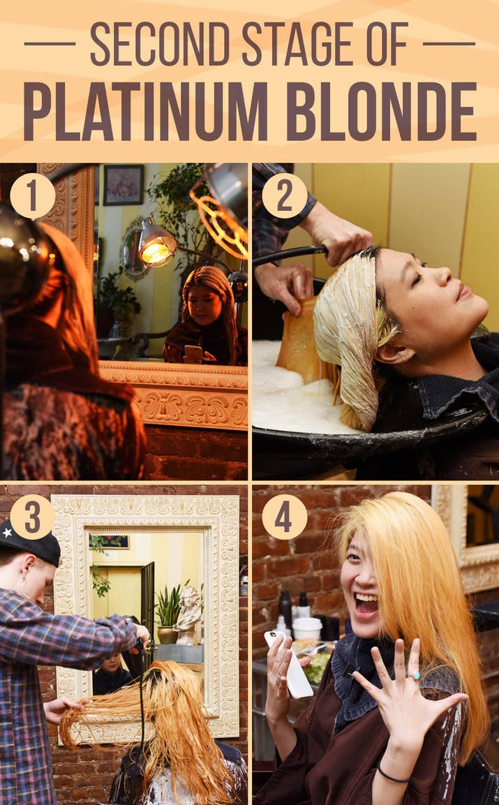 Time: 57 minutes Cost: This cost still falls under the $200 for the first process. Heat helps bleach to process faster, so heat is applied to the front of the head to speed up the process, which will make the front and back a uniform color. The rest of the bleach is then washed out of the hair, and it's blown dry to prepare it for the next process of bleach.