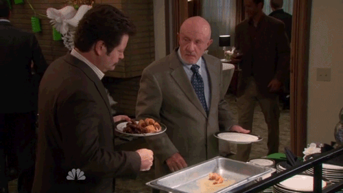 Remember when Mike from Breaking Bad played the role Ben's dad, shouted at everyone, and faced off with Ron for the last bacon-wrapped prawn? Of course you do. Who would win that fight?