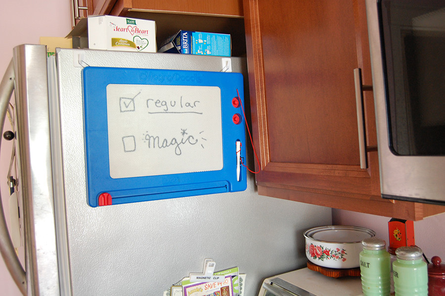 AT FIRST WE WERE LIKE: Let's use our imagination with a Magna Doodle!BUT NOW WE'RE ALL: Use an iPad.