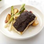 ; and Seared Alaskan halibut with roasted leeks, black olive tapenade and bacon roasted potatoes.