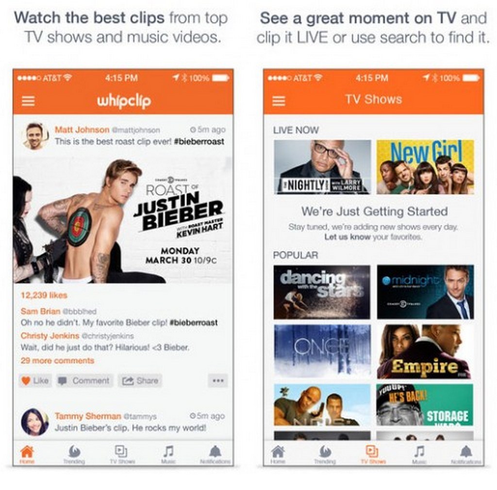 If you didn't watch the #BieberRoast (and maybe you will after this), Comedy Central and the star himself teamed up to promote WhipClip to share clips from the show's best moments. Instead of searching YouTube for relevant clips, users can simply locate videos by searching the TV show itself on WhipClip's platform. The clips are short, but timely, allowing users to share the most recent videos that could have been uploaded a mere two minutes before broadcast. That means more tools for viewers to live tweet their favorite TV events.