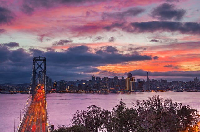 Sunset view of San Francisco from Treasure Island.