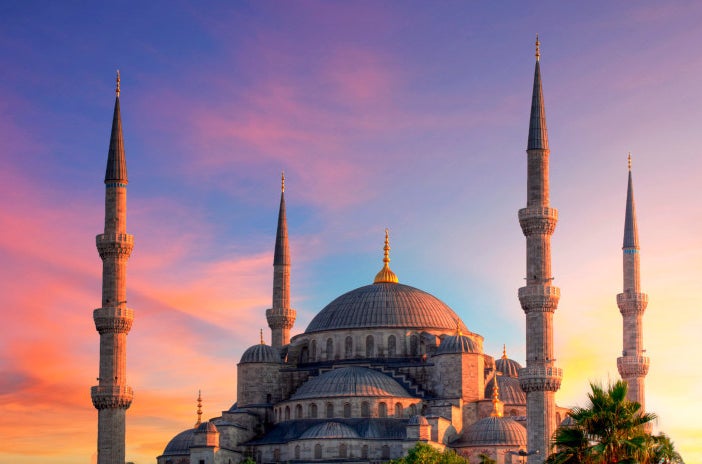 Sunset over the Blue Mosque in Istanbul.