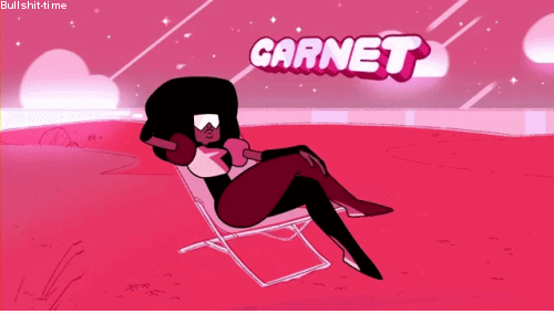 WHO SHE IS: Garnet is the unofficial leader of the Crystal Gems. She's calm, stoic, and sensible. She tends to act on intuition and is usually right. She is the strongest of the gems, and her signature weapons are stone boxing gloves.WHY SHE'S AWESOME: She's basically the coolest person ever. Everything she says is wise and perfect. Except for a few hilarious times when she finds herself at a loss. Then she ends up shaking old people or telling mothers their children are playing with swords.