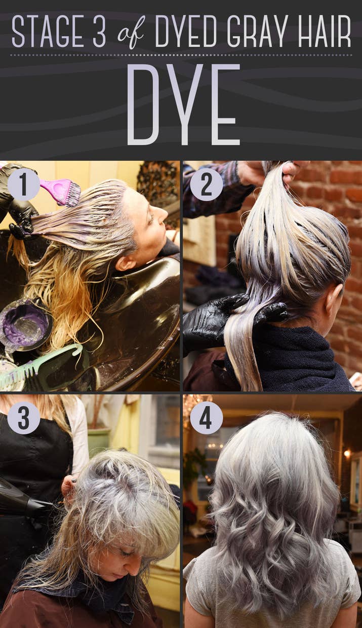 Time: 1 hour and 3 minutesCost: $200Once the hair is bleached and toned, the final step is the gray dye itself. After about 30 minutes of sitting on the hair, it's washed out.