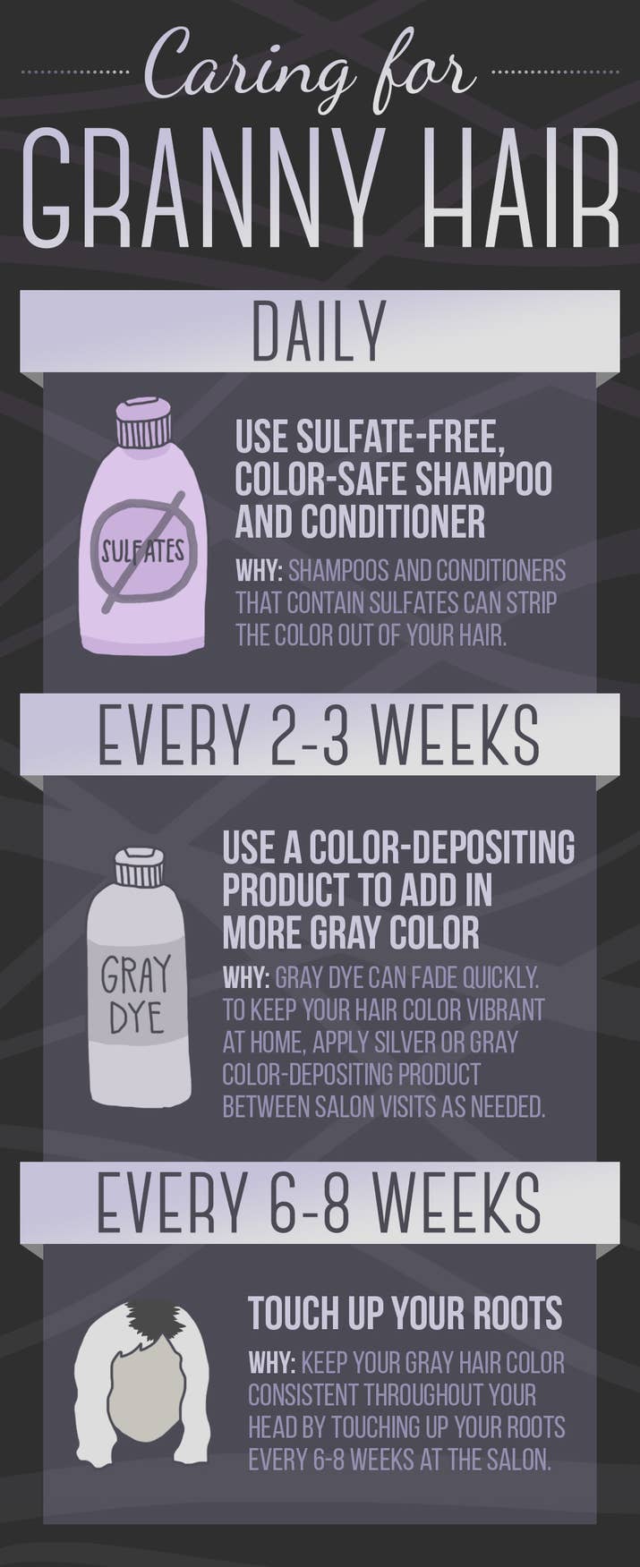 If you like the look of gray hair with dark roots, you can stretch the time between salon appointments to opt for an ombre gray hair color instead.