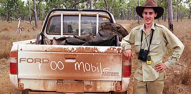 Euan in 2005, standing next to his roo-mobile