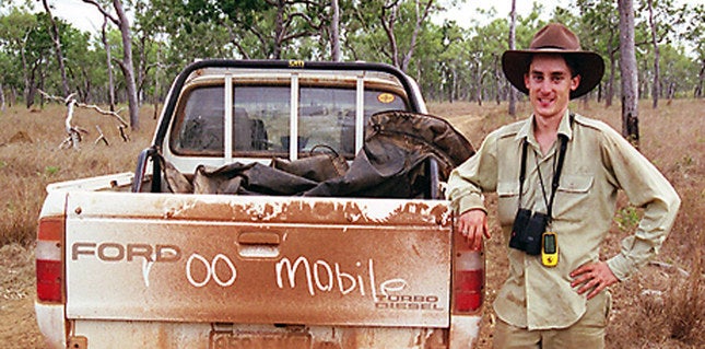 Euan in 2005, standing next to his roo-mobile