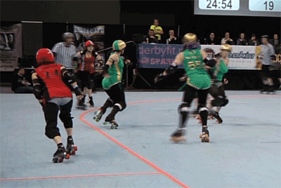 Think hockey -- but with roller skates and different rules -- and add in more agility, cunning, speed and violence. Big hits and sprawling falls abound!