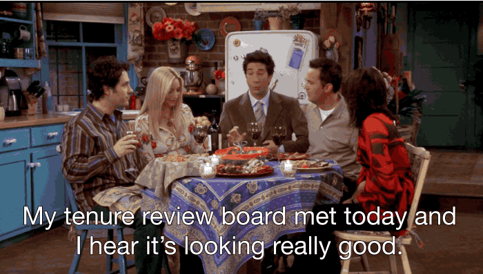 Typically one has to be hired as a tenure-track professor first, and then serve around five years before being considered for tenure. If each season of Friends is one year, then Dr. Geller completed this process in four years. He was also hired as an instructor, not a tenure-track professor.