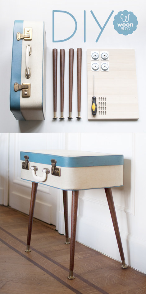 Stick legs on a suitcase for a vintage side table.