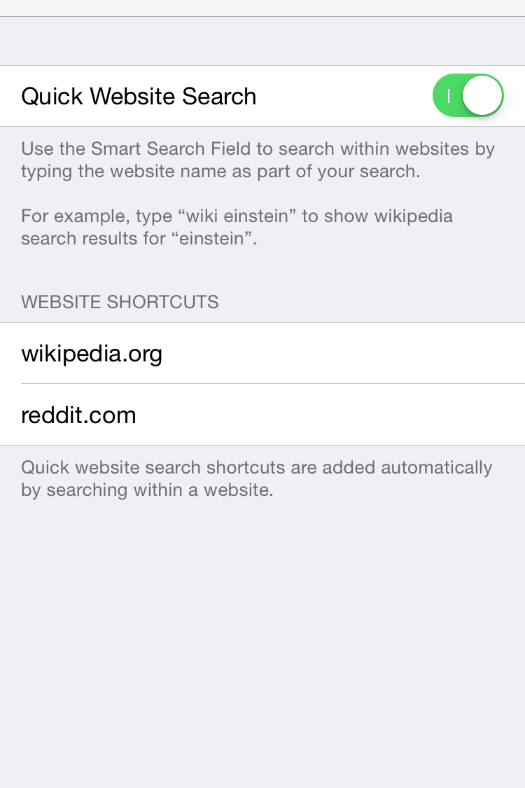 Settings &gt; Safari &gt; Quick Website Search.