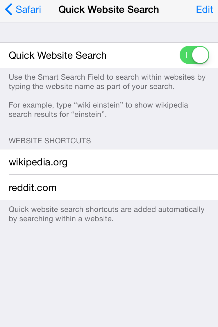Settings &gt; Safari &gt; Quick Website Search.