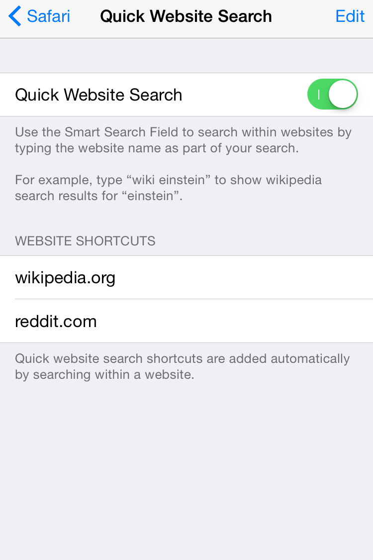 Configuración &gt; Safari &gt; Búsqueda rápida de sitio web.