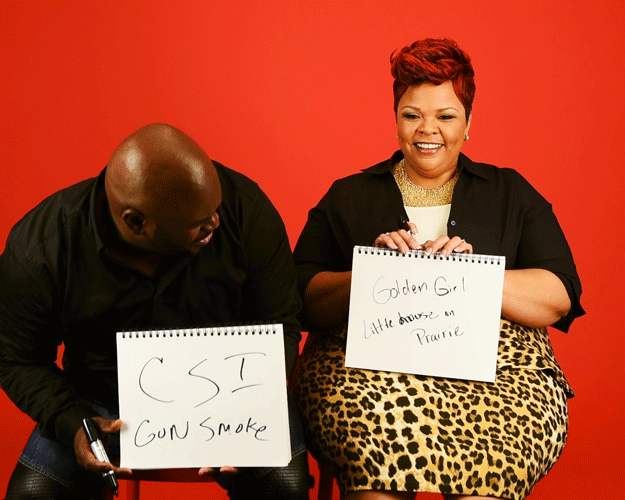 David: CSI, Gunsmoke.Tamela: Golden Girls, Little House on the Prairie.David: Little House on the Prairie. You're right. Who are you?Tamela: Who are YOU?