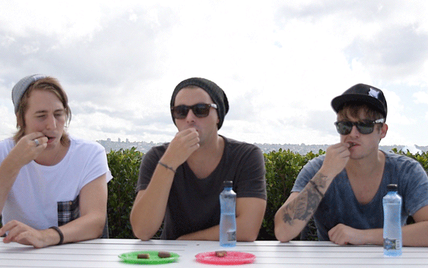 Shaun: *takes a bite out of the green* ...that tastes like shit.Andy: Yeah, the pink's legit.Bradie: Green doesn't taste too bad.Shaun: I dunno...Andy: I think pink is legit.Bradie: I agree.Shaun: I think green.