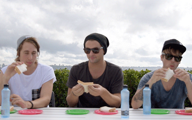 Shaun: We've been trying to do this My Fitness Pal thing... it's not going well now! *laughs* ...should I let you in on a very terrible secret? I don't actually eat Vegemite, I don't like it. It's crap, isn't it?! It tastes like shit! I can't believe it's made from beer. Like I can't believe beer gave us something this shit. *licks the sandwich from the green plate* This one's Vegemite.Bradie: Pink's Vegemite...Shaun: *licks the sandwich on the pink plate* Oh yeah, pink's Vegemite.Andy: *casually taking bites out of both sandwiches* I think it's the other way round?Shaun: You're going the other way?Andy: Yep.Shaun: Pink's 100% Vegemite, isn't it?