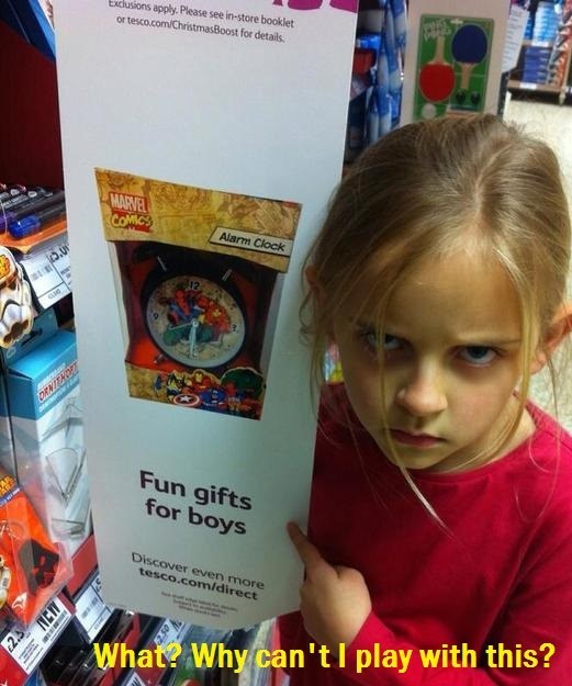Toys that are given to children at a young age are often given based on their gender. Toy stores have different aisles that are centered toward different genders (mostly either girl or boy not neutral). Girl gendered aisles are usually bright colored or revolved around female stereotypical activities (housework, being a mom, cooking, beauty, etc.) whereas boy gendered aisles are usually dark colored and revolved around male stereotypical activities (aggressive behavior such as wrestling or shooting, driving trucks, construction, etc.) Children who see these such behaviors from toys, model them believing this is what their gender should be doing (Matter, 2012).