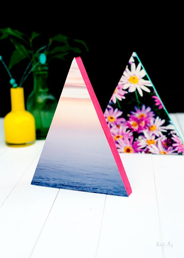 Display your favorite photos with inventive neon triangle frames.