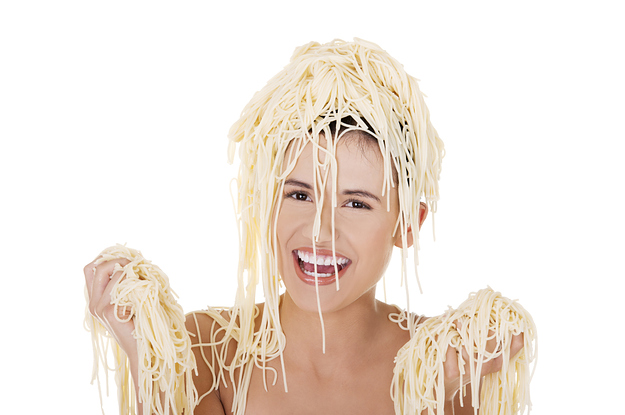 lady with spagetti inexplicably all over her