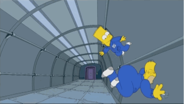 In Springfield: Homer wins the lottery and spends all his money on a Coldplay concert (worst idea ever) and a reduced gravity flight (best idea ever). IRL: "As Bart is walking on Homer, he has to push against Homer and the reaction force would push him away from Homer. After about one or two steps, they'd lose contact with Bart, drifting up and forward, while Homer would drift in the opposite direction," said Garcia. Since the laws of physics are different in a parallel universe, Bart is thankfully still able to kick Homer's ass in microgravity.