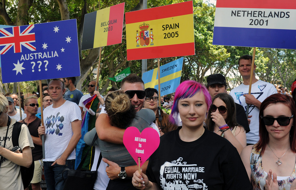 People attend a rally in support of same-sex marriages in Sydney, Australia.