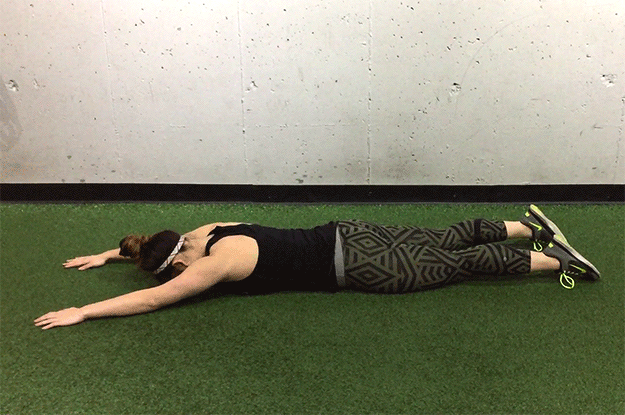 Make sure to keep your torso still while raising your arms and legs off the floor as high as you can. Squeeze your glutes (butt muscles) as you raise your legs.