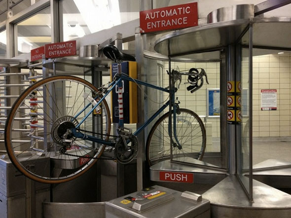 Bikes aren't allowed on transit during rush hour and for good reason. There's just no room. Luckily, the TTC is getting with the times and having bike racks on the front of most buses and inside the new streetcars. On subways, cyclists will have to keep their bikes off except for weekends/holidays and non-peak hours.