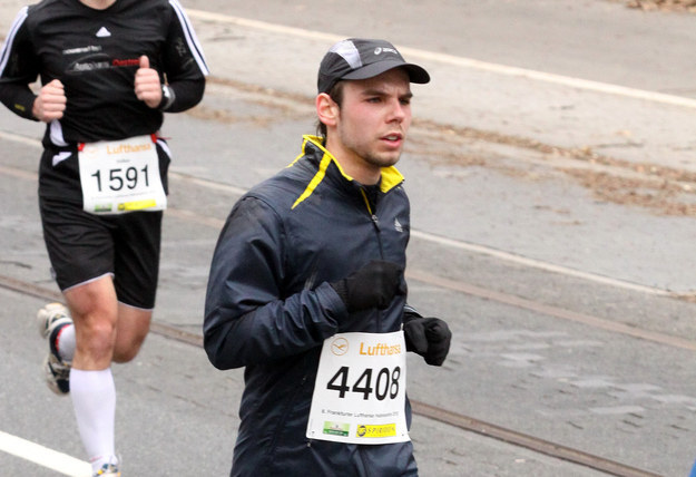 Co-pilot of Germanwings flight 4U9525 Andreas Lubitz participates in the Frankfurt City Half-Marathon on March 14, 2010.