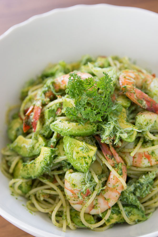Shrimp is the star in this recipe, but there's also crab in there! Not to mention a super-green pesto made with parsley, cilantro and chervil. Recipe here.