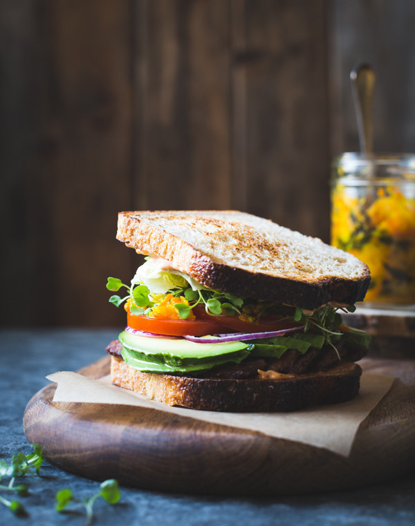 Tempeh Bacon BLT with Kimchi, Avocado, and Chipotle Mayo