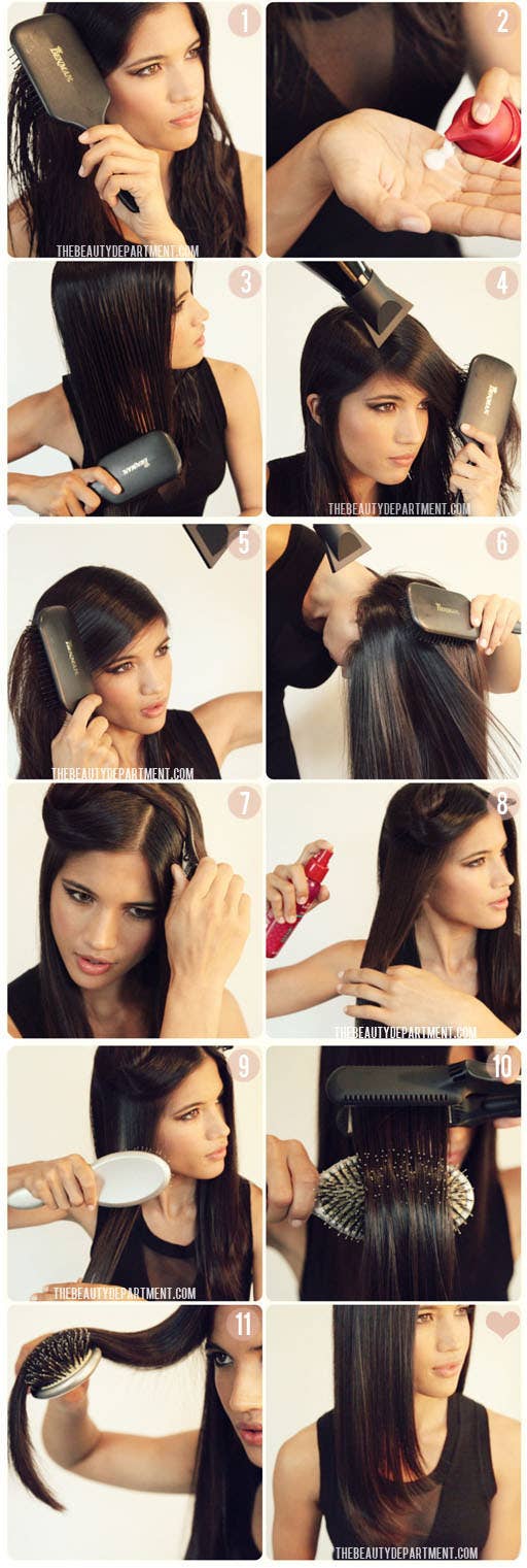 Once you've completely ironed your hair, drape the hot hair over a brush until it cools with a bend. Check out the tutorial here.