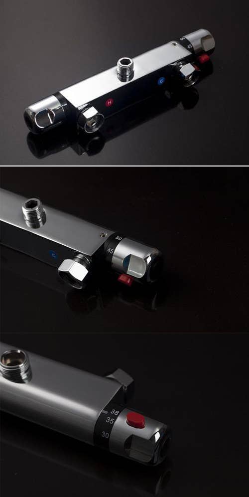 A thermostatic control valve controls input and output pressure and temperature, therefore preventing unwanted and potentially dangerous scalding and thermal shocks. It's also a water saver, because it controls hot and cold water inputs more effectively.Get it here.