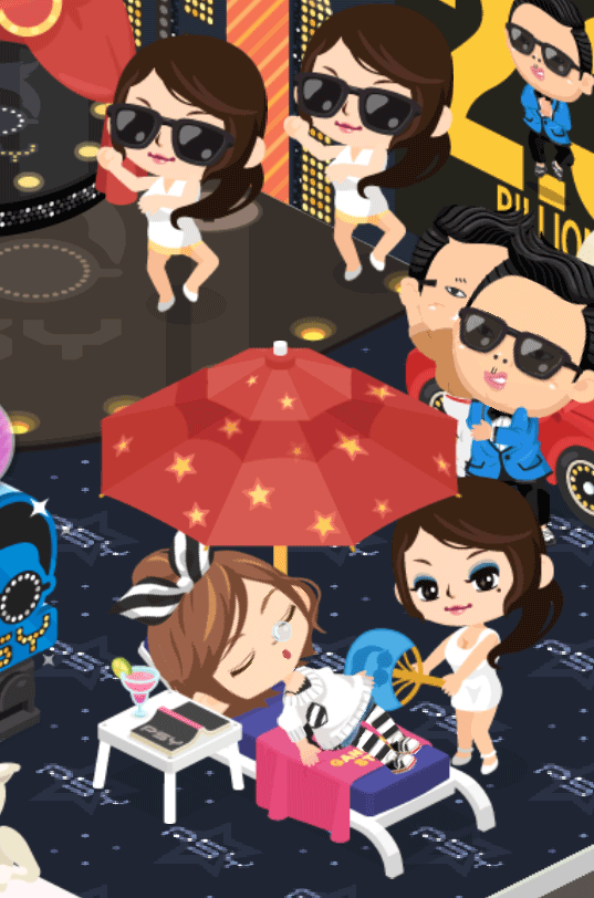 Taking a nap while PSY's dancer fans you. PSY continues to dance.