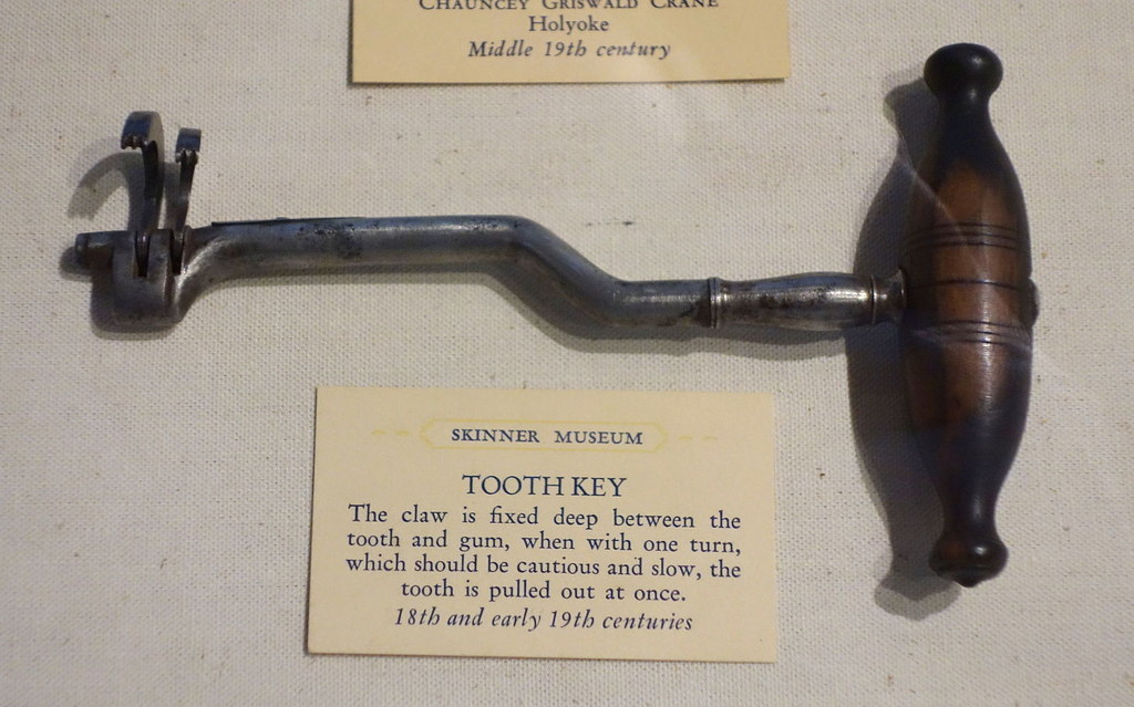The dental key. Upsettingly, it didn't work most of the time, instead shattering the tooth, which had to be picked out of the gums shard by bloody shard.It was eventually replaced by forceps.