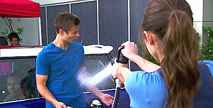 In Girl Meets Secret of Life, Riley finds out that Lucas has been hiding something. Through her growing anger and multiple attempts to get him to talk about it, she soaks him with a power hose!