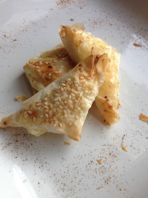 These little cheese-filled triangles are crispy packets of gooey goodness.Country: GreeceTypical Filling: CheeseRecipe: Tiropitakia Greek Phyllo Triangles