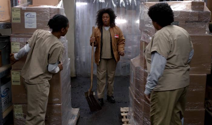 She tells them she did it, which, duh. They're nervous around her: "Vee, you know we ain't gonna say shit," Janae says. Vee tells them they need to tell the investigators that Suzanne (aka, "Crazy Eyes," but we won't call her that here) attacked Red. "That's cold!" Black Cindy says, thinking about how Suzanne loves Vee so much and, more than any of them, considers her to be her mother.Vee: "Is it? Really? Is it cold for Amazon to underprice books just to capture market share?" They can't argue with that logic. After some discussion — Vee says she knows Red won't give her up — they agree to blame Suzanne.