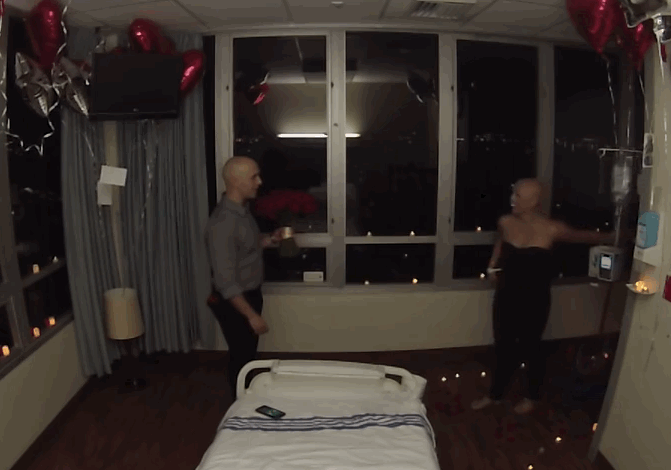 "In those 20 minutes everyone in her room, about 30 of us, all frantically removed the Hollywood decorations and put in the balloons, set up the candles on the floor and put a pathway of red petals that led up to where I would be," Lucas said.