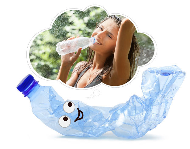 Louie the water bottle is made of PET plastic, and he can be recycled into another plastic bottle. A sexier plastic bottle. A bottle that a beautiful woman might drink from.