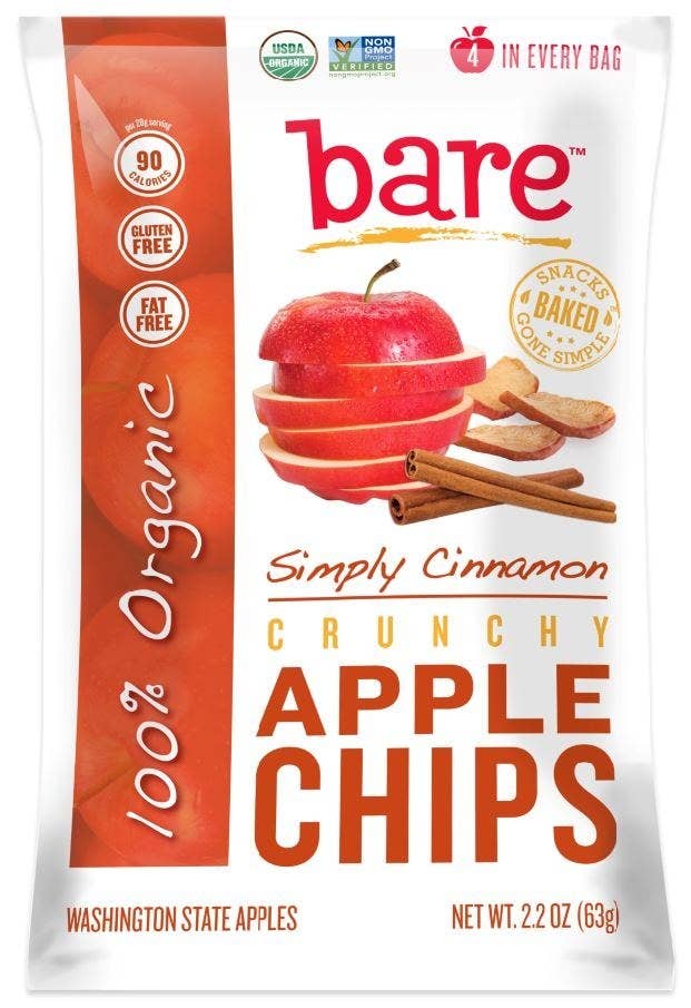 These organic baked chips are high in vitamins and are 100 percent naturally made, which means no added sugar or preservatives. Munch on these to satisfy your crunchy cravings. Get more nutritional info here.Serving Size: 1 oz, about a 1/2 cup90 calories0 g protein0 g fat (0 g Sat. Fat, 0 g Trans Fat)10 mg sodium26 g carbohydrates (21 g sugar, 4 g fiber)