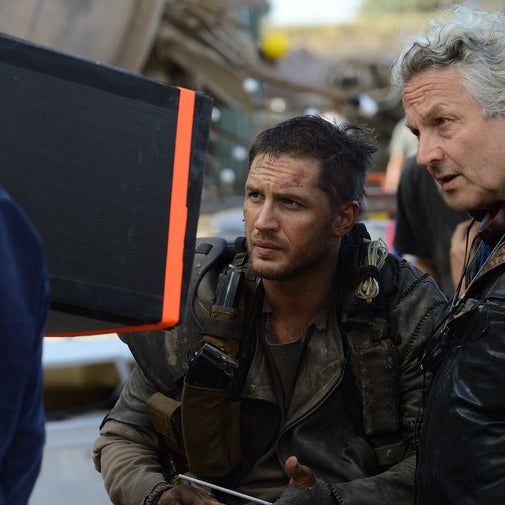 George Miller with Tom Hardy on the set of Mad Max: Fury Road.