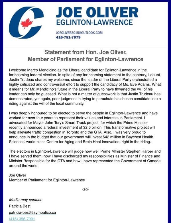 "In spite of any forthcoming statement to the contrary, I doubt Justin Trudeau shares my welcome, since the leader of the Liberal Party orchestrated a highly criticized and controversial effort to support the candidacy of Ms. Eve Adams. What it means for Mr. Mendicino's future in the Liberal Party to have thwarted the will of his leader can only be guessed."Uhhh, so how's that economy doing?