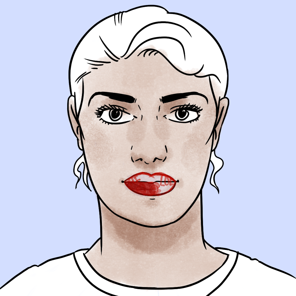 Okay, now CAREFULLY start applying the beautiful red lipstick on your lips, making sure to stay within the lines. All you have to do is keep your hand steady!