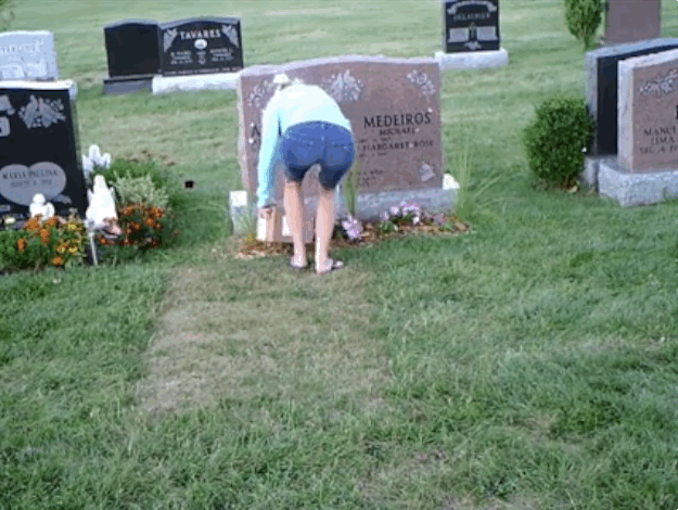 On Wednesday Aug. 12, she finally caught the thief red-handed. The video, which Allerston-Medeiros has turned over to police, shows a slim young woman with blonde hair ripping out the flowers in front of the gravestone, throwing them in a box, and running away.