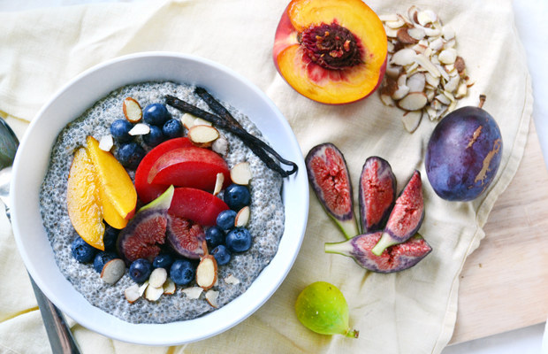 Almond milk + chia seeds + vanilla extract + maple syrup + fruit + nuts. Get the recipe here.