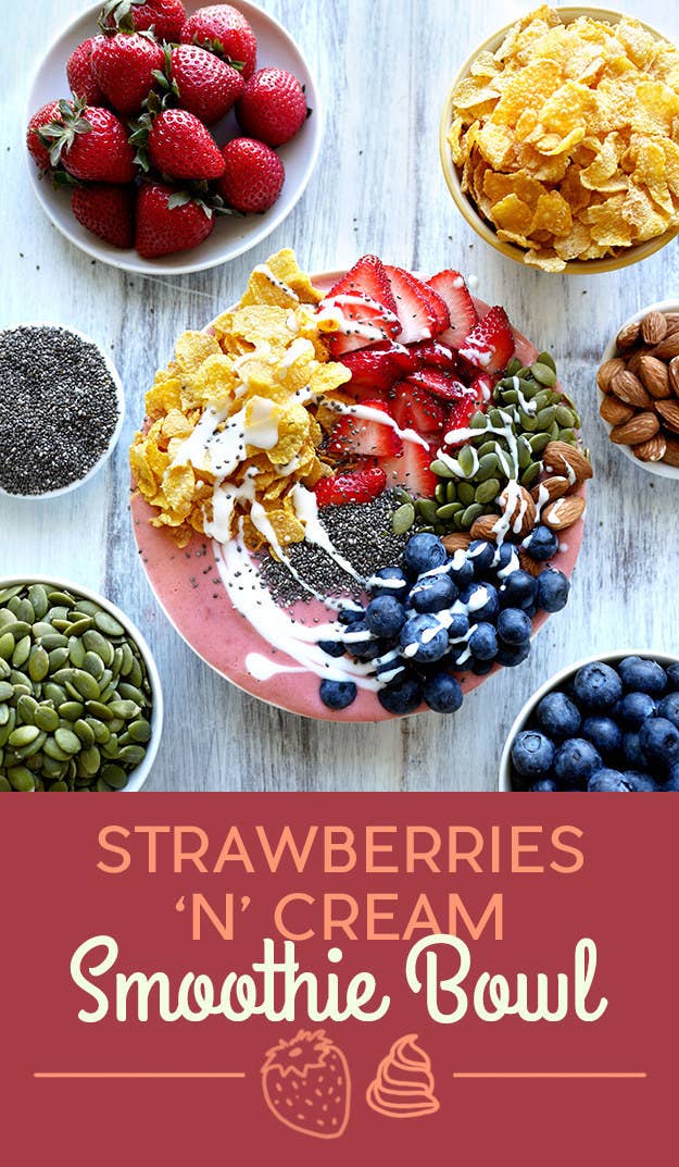 To make the smoothie, blend strawberries, yogurt, maple syrup and vanilla. The toppings are cornflakes, strawberries, blueberries, almonds, pumpkin seeds, chia seeds, and a drizzle of yogurt. Scale the toppings up or down on this one depending on what you have on hand. Get the recipe at the bottom of the post.