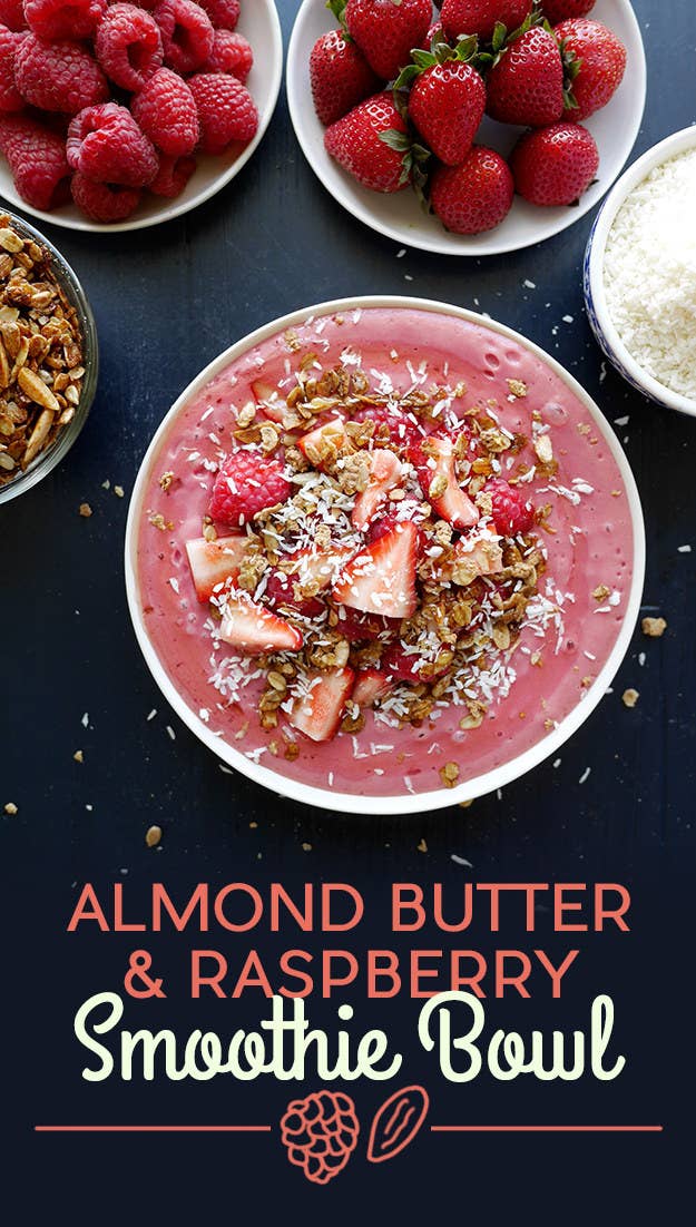 Dessert-for-breakfast types, this one's for you. To make the smoothie, blend banana, raspberries, soy milk, ice, almond butter, and honey. The toppings are strawberries, raspberries, granola, coconut, and a drizzle of honey. Once you've tried it, swap peanut butter and strawberries in for a change of pace. Get the recipe at the bottom of the post.
